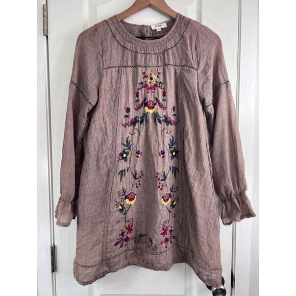 Umgee Women's Boho Floral Embroidered Long Sleeve Mini Dress Taupe Size S - Picture 1 of 12